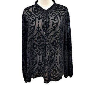 Velvet Burnout Button Up Shirt Size 2X Black Long Sleeve Whimsigoth Witchy Shein